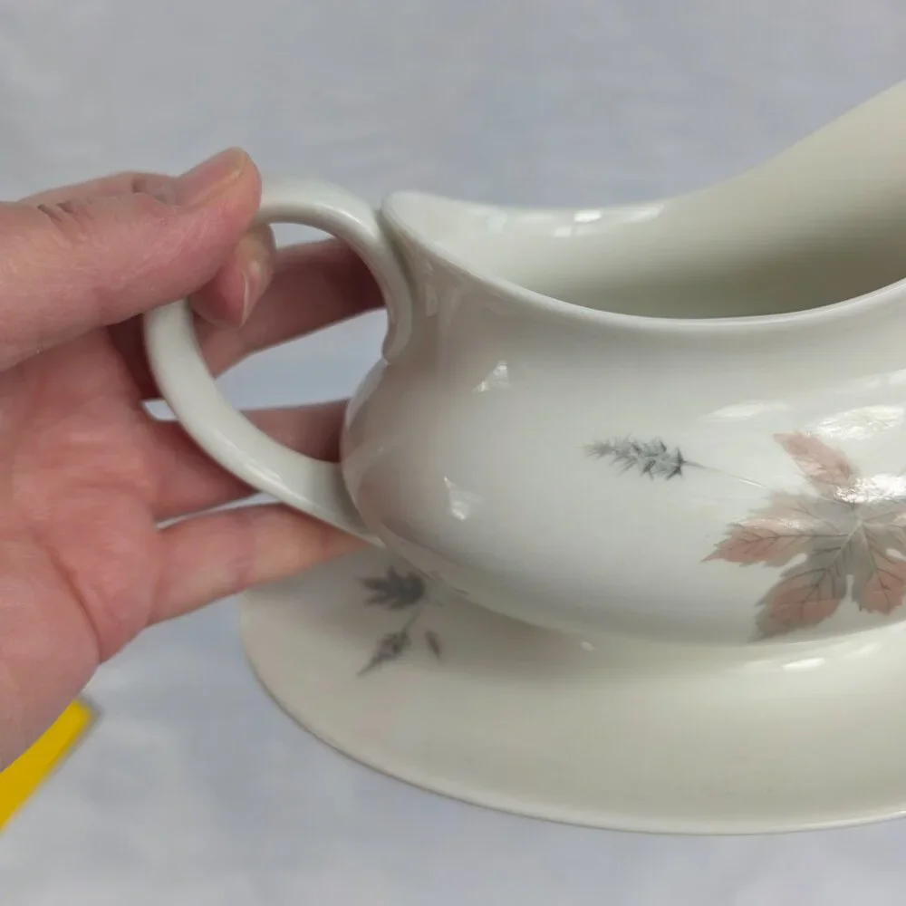 Royal Doulton Tumbling Leaves Gravy Boat & Underplate Gray & Pink Leaves